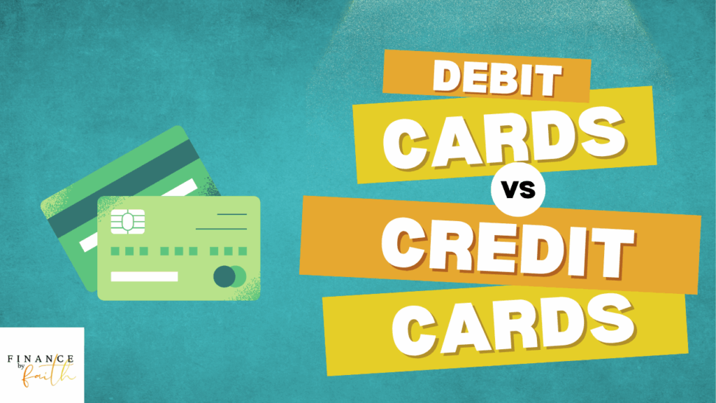Comparison graphic highlighting "Debit Cards vs Credit Cards" with two illustrated cards against a teal background, relevant for financial literacy content.